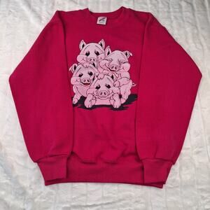 Vintage Jerzees Medium Pink Pig Graphic Crewneck Sweatshirt Retro Farm